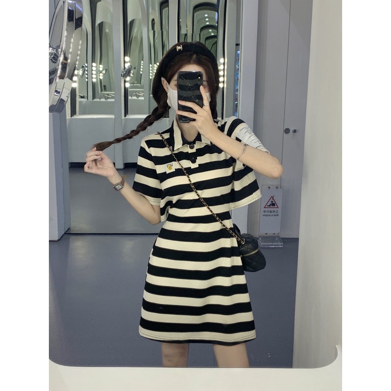 Đầm tay ngắn cổ bẻ ôm eo họa tiết kẻ sọc đen trắng thời trang mùa hè dành cho nữ