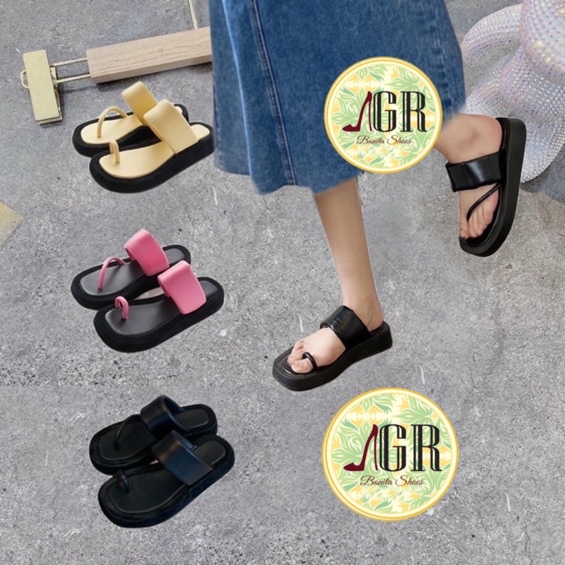 Dép xuồng xỏ ngón xéo phối quai bản phồng cao 3cm