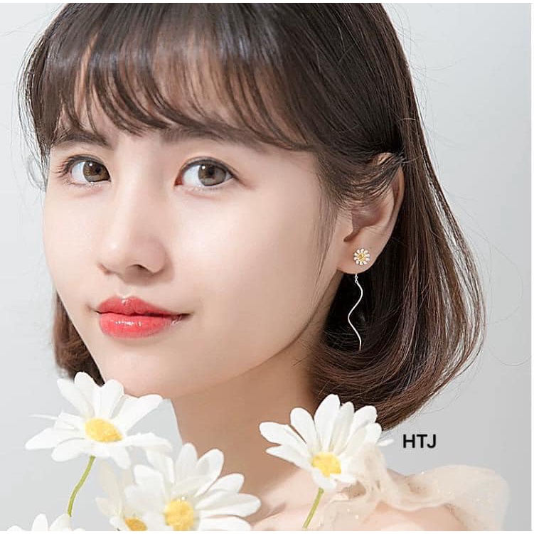 BÔNG TAI HOA CÚC BẠC TA DÁNG SÓNG DÀI