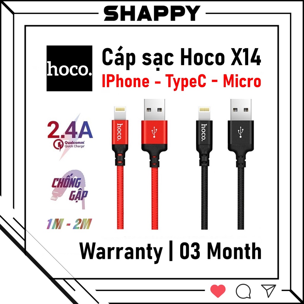 Cáp Sạc Hoco X14/X2Max Bọc Dù Cổng Lightning/Micro/TypeC Hỗ Trợ Sạc Nhanh - Bảo Hành 03 Tháng 1 ĐỔI 1 [Shappy Shop]