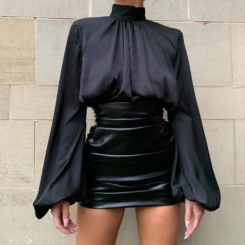 Áo lụa cổ lọ croptop tay phồng