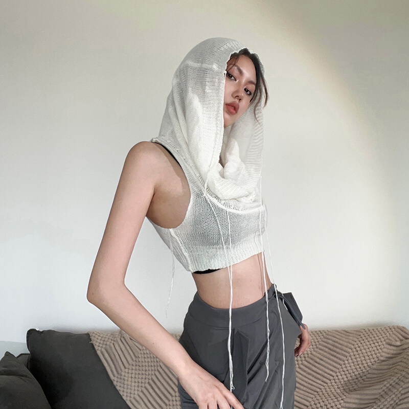 Kliou Áo Croptop Sát Nách Có Nón Phong Cách Thời Trang Đường Phố Châu Âu