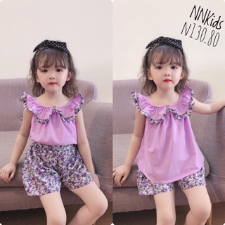 Set áo cổ bèo quần hoa cho bé gái