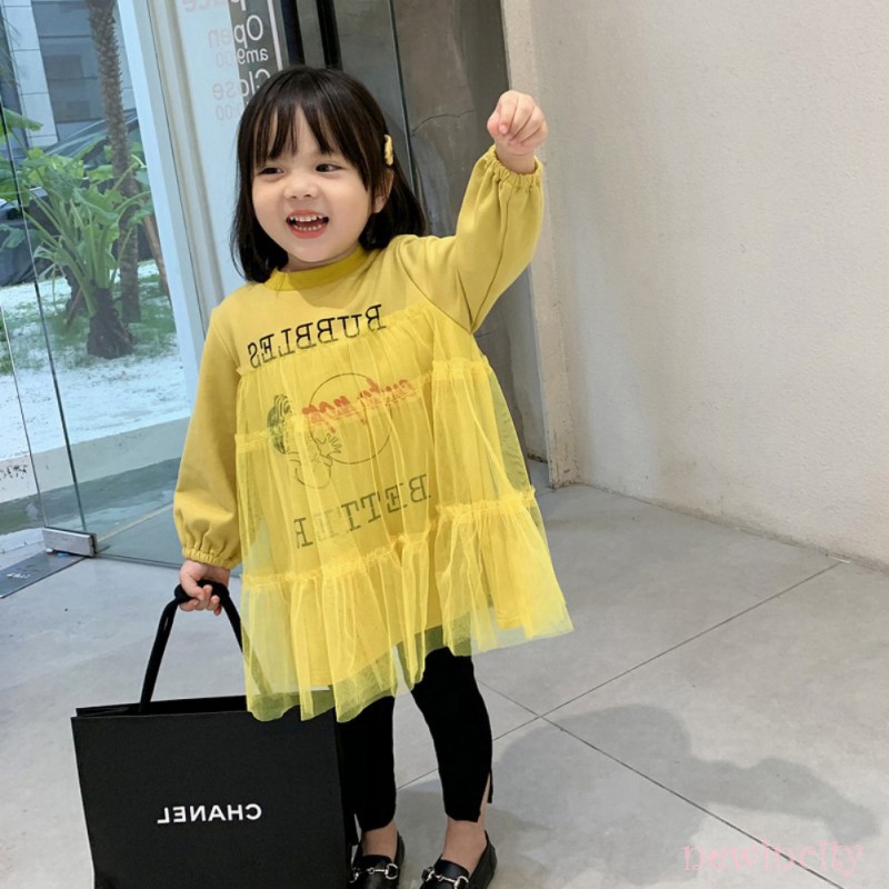 Korean Girls Dress Kids Spring Girls Cute Cartoon Print Mesh Stitching Princess Long-Sleeved Dress