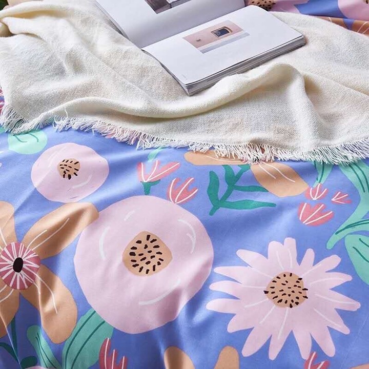Bộ chăn ga gối drap giường chất cotton poly họa tiết cành bông tím