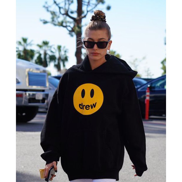 Áo nỉ hoodie màu trắng hình mặt cười Drw form suông rộng unisex cho nam nữ, chất nỉ bông 2 màu đen trắng | BigBuy360 - bigbuy360.vn