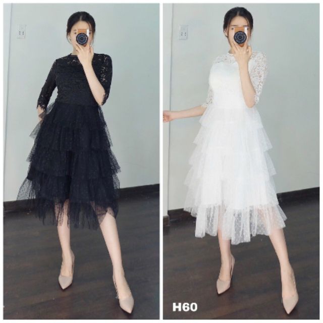 Đầm xòe ren tầng lưói bi tay lỡ thiết kế cao cấp