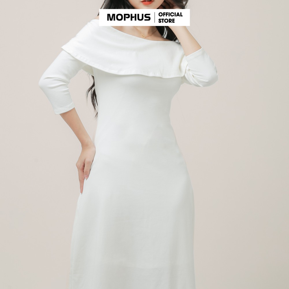 Đầm dự tiệc trắng trễ vai tay dài vải thun tằm, váy trắng dự tiệc dáng xòe tay dài công chúa MV-001 | BigBuy360 - bigbuy360.vn