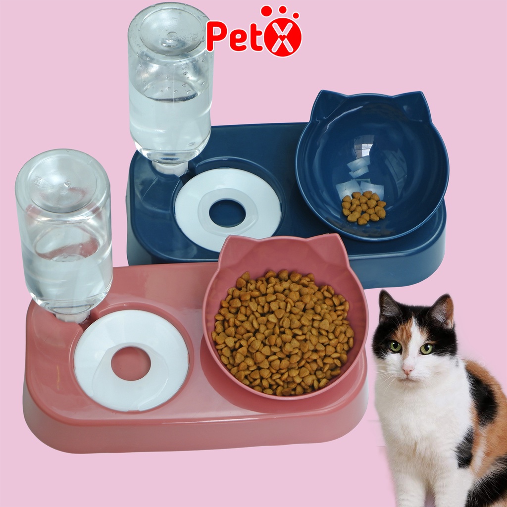 Bát ăn cho mèo chó thú cưng có đế chống lật chống gù và bình nước tự động bằng nhựa hình tai mèo