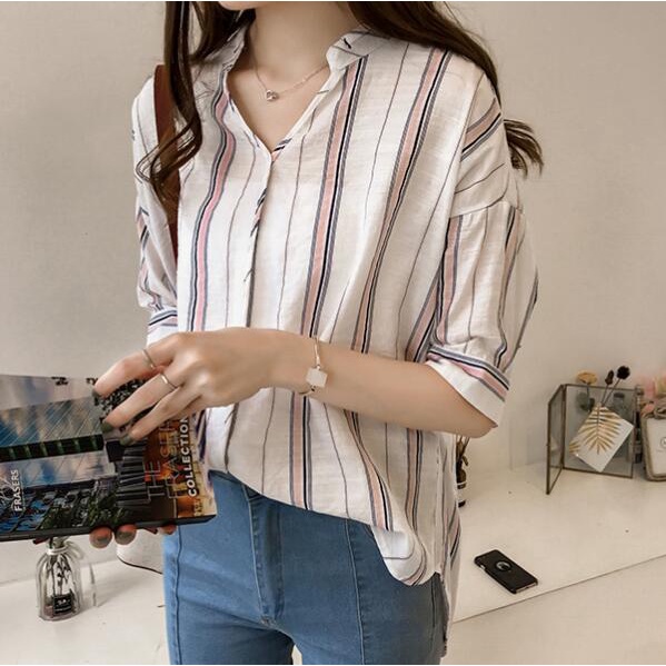 Áo Sơ Mi Chiffon Tay Ngắn Cổ Chữ V Dáng Rộng Họa Tiết Kẻ Sọc Màu Xanh Lá / Hồng Size M-4Xl Thời Trang Cho Nữ