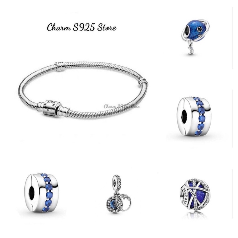 combo bộ vòng tay mềm mix 5 hạt charm pan xanh bạc s925 cao cấp