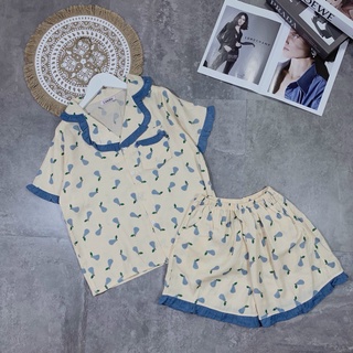 Đồ bộ nữ cộc tay mặc nhà chất vải đũi thái, đồ ngủ nữ pyjama cộc tay cổ bèo họa tiết dễ thương