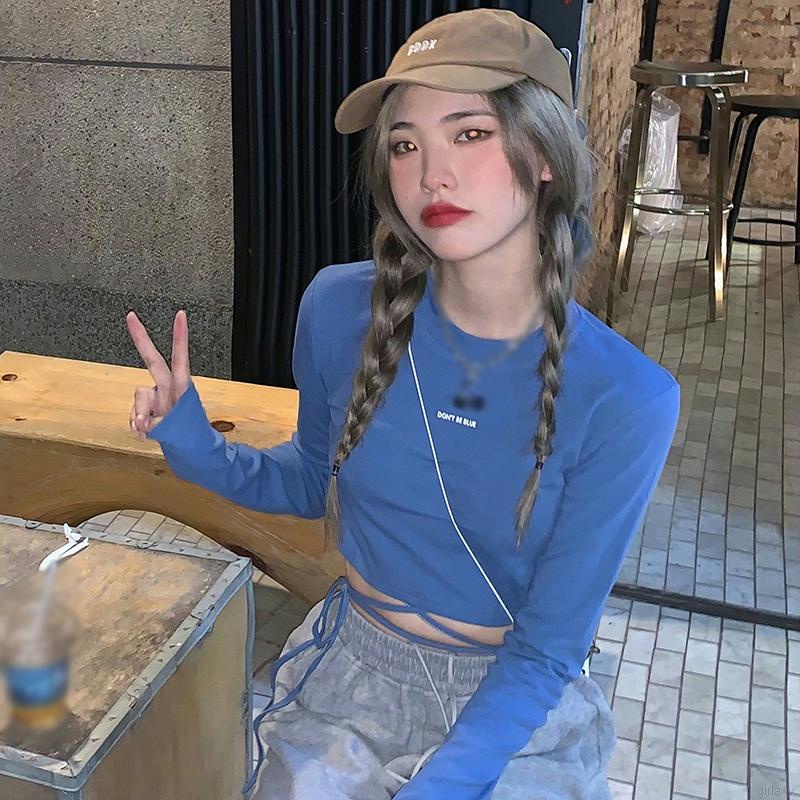 Áo thun croptop tay dài cổ tròn màu sắc đơn giản phong cách Hàn Quốc cho nữ
