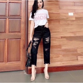 Quần jean baggy nữ BigSize Lưng Cao, màu đen tuyền Rách bụi bặm, phom to rộng đủ size có Lưng Chun 3004 4100