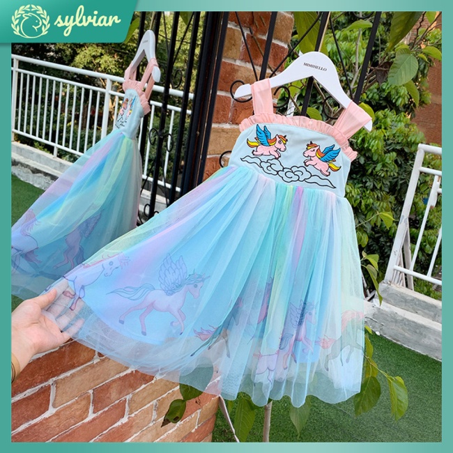 Đầm Lưới Chiffon Mùa Hè In Họa Tiết Hoạt Hình Cho Bé Gái 3-8 Tuổi