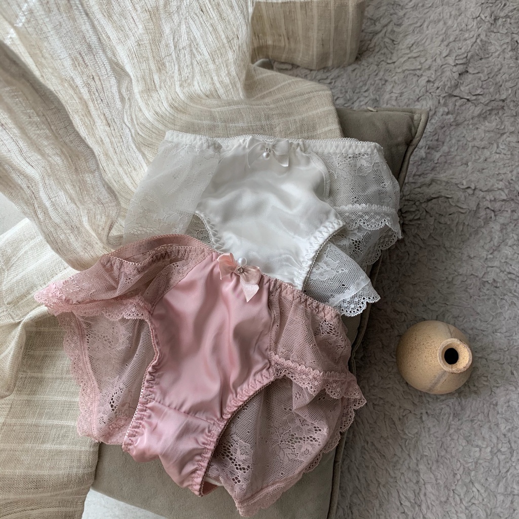 Quần lót cạp thấp vải satin phối ren đính nơ thời trang quyến rũ cho nữ