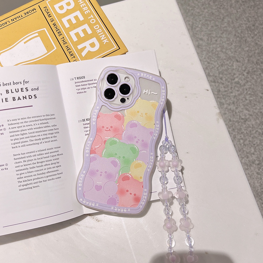 Ốp Điện Thoại Mềm Chống Sốc In Hình Gấu Hoạt Hình Viền Gợn Sóng + Dây Đeo Cho iPhone 13 12 11 Pro XS Max X XR 7 8 plus