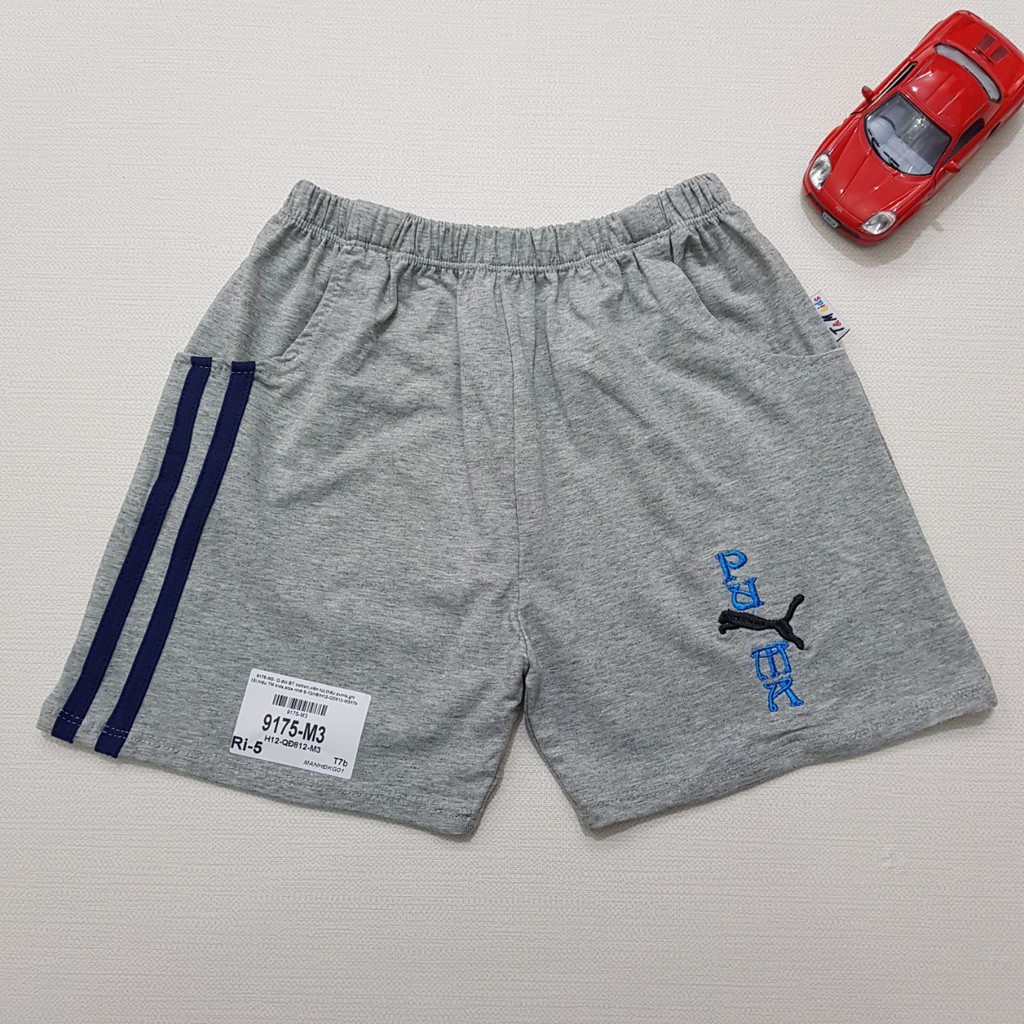 9175-M1- Quần đùi BT cotton,viền túi,thêu puma,ghi,Made in VietNam,size nhỡ 8-12/ri5,(combo 5 sản phẩm từ nhỏ đến lớn)