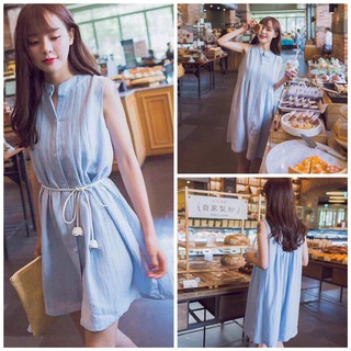 Đầm nữ xanh cổ trụ xếp li