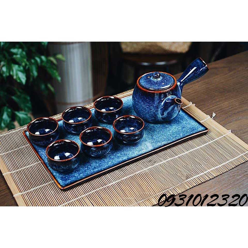 bộ ấm chén 3d con cá Bát Tràng_bộ ấm chén màu xanh ngọc Bát Tràng