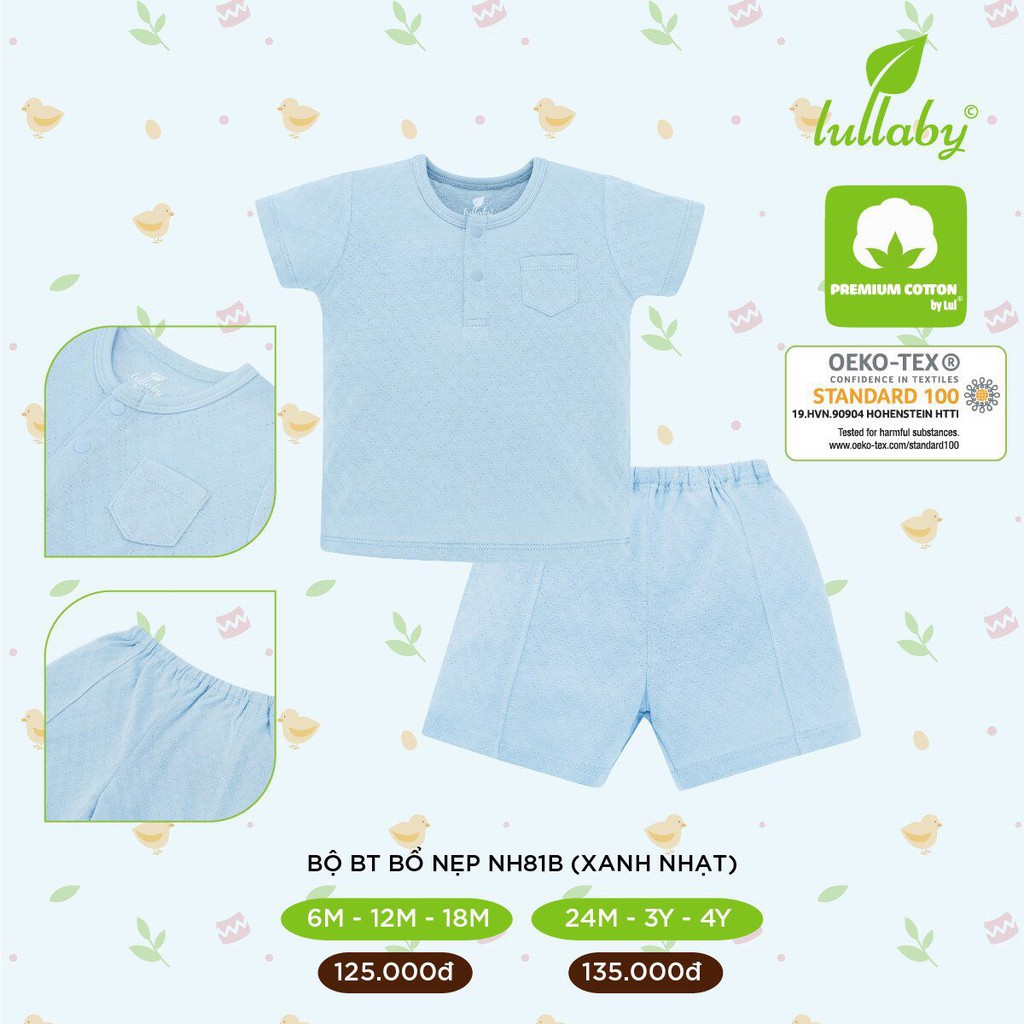 Bộ cộc tay bé trai cotton vân thoáng Lullaby NH81B, áo cộc tay bổ nẹp, quần đùi mềm mịn