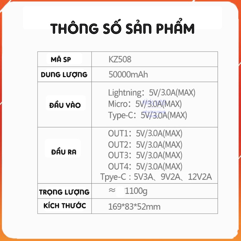 Siêu Pin Sạc Dự Phòng 50000MAH KZ508 Sạc Cùng Lúc 5 Thiết Bị Hỗ Trợ Sạc siêu Nhanh 2 Chiều Pin Lithium Polymer