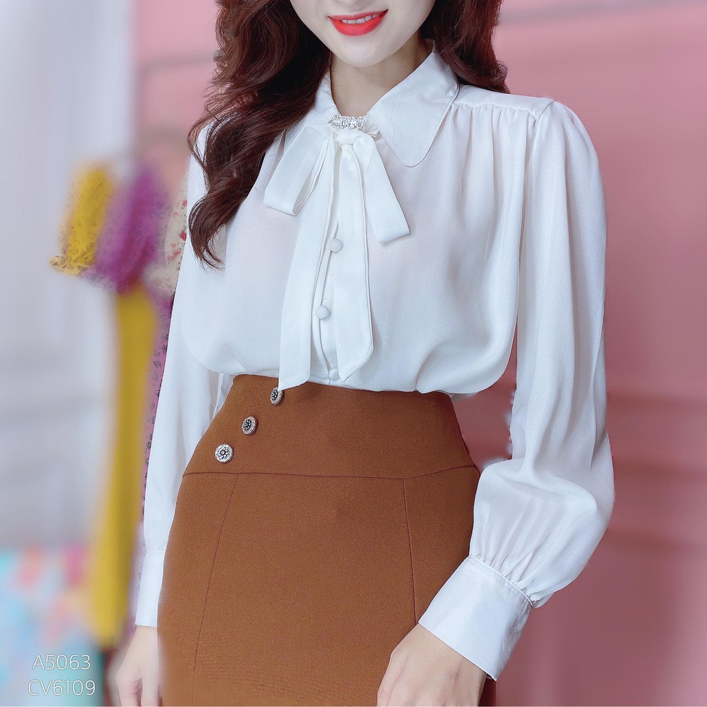 Áo sơ mi tay dài cổ nơ nút bọc Basic CHUU A5063