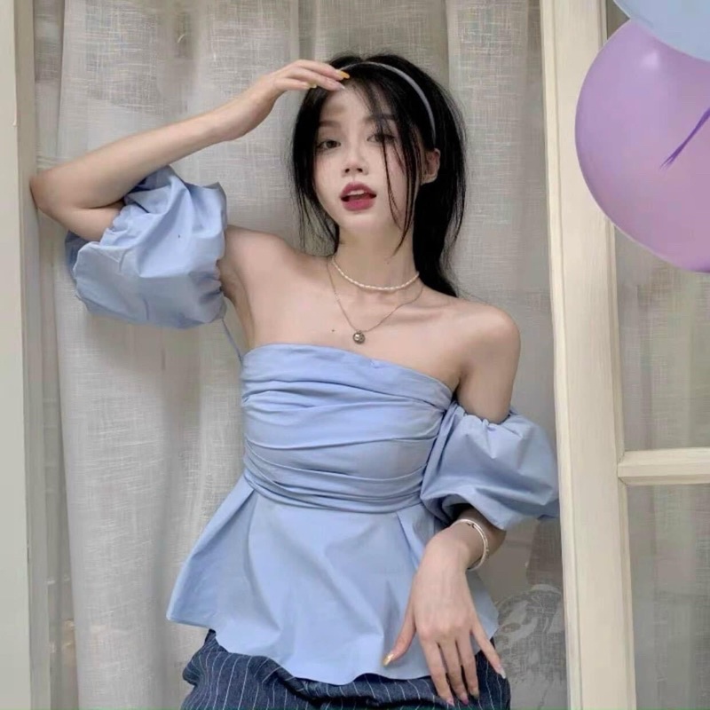 ÁO CROPTOP PEPLUM XANH XẾP NGỰC RỚT TAY PHỒNG