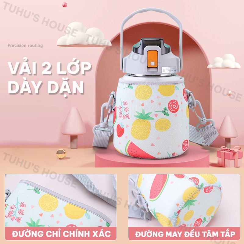 Túi đựng bình giữ nhiệt 1L kèm dây đeo họa tiết hoạt hình, quai xách ly giữ nhiệt đa dạng mẫu mã – TUHUHOUSE