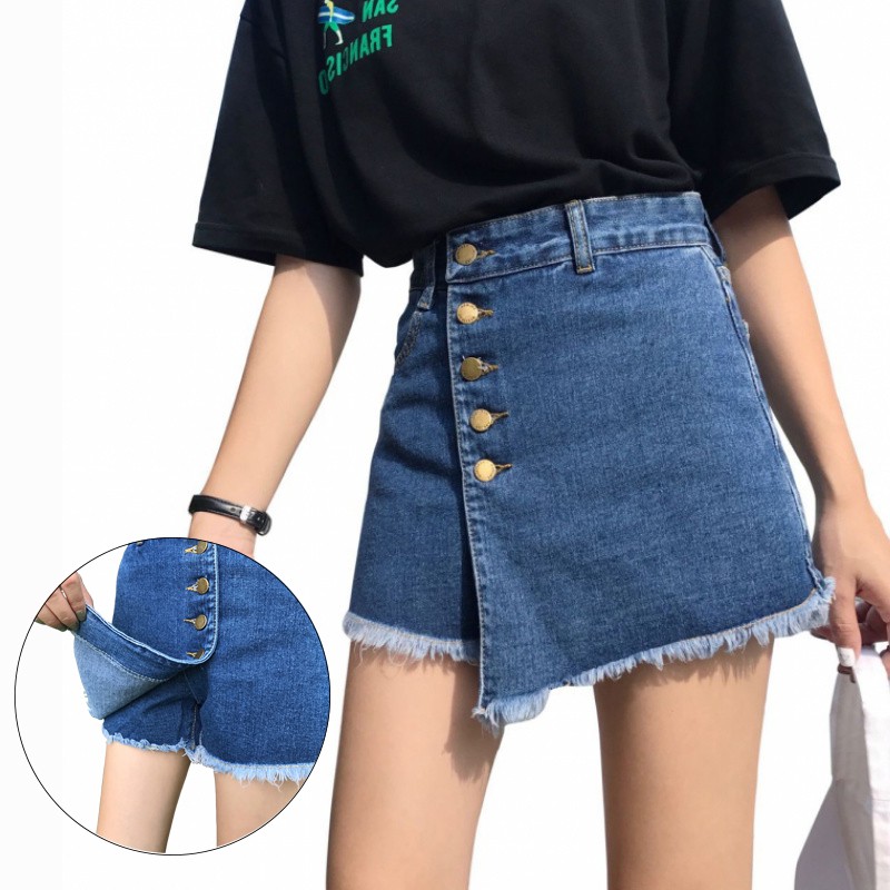 Quần short jeans giả váy phối hàng nút thời trang nữ cá tính