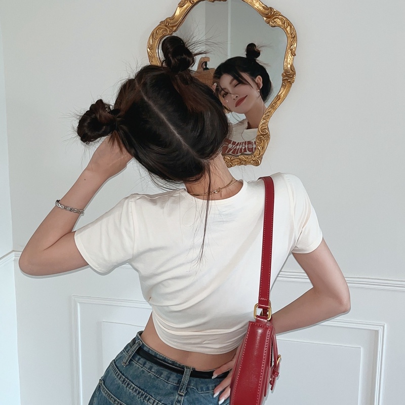 Áo thun croptop SUXI tay ngắn ôm dáng in họa tiết phong cách cổ điển thời trang mùa hè