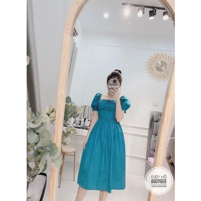 Váy thô cổ vuông nơ xếp li ngực tay bồng bo dáng xòe | BigBuy360 - bigbuy360.vn