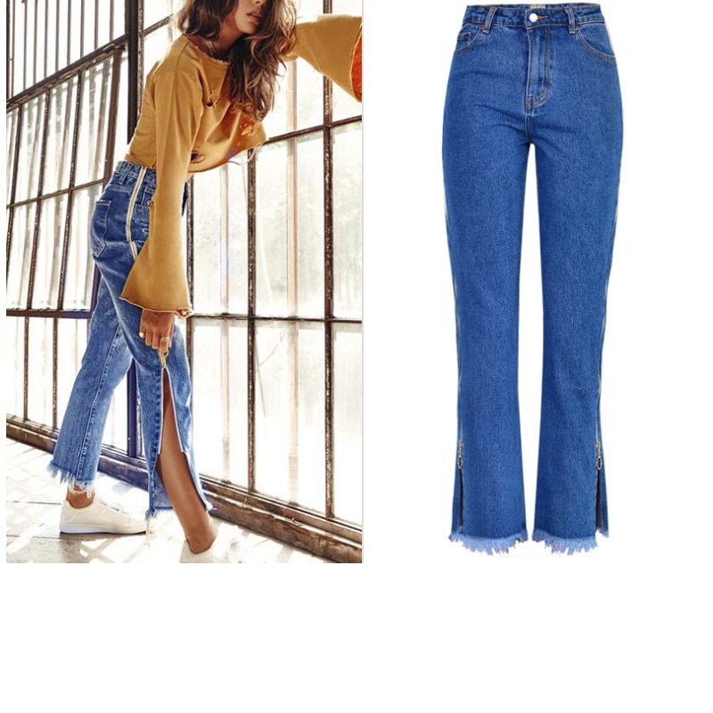 Fashion Side Zipper Jeans Woman Plus Size High Waisted Boyfriend Jeans For Women Casual Bootcut Jeans Baggy Denim Pants Bottom