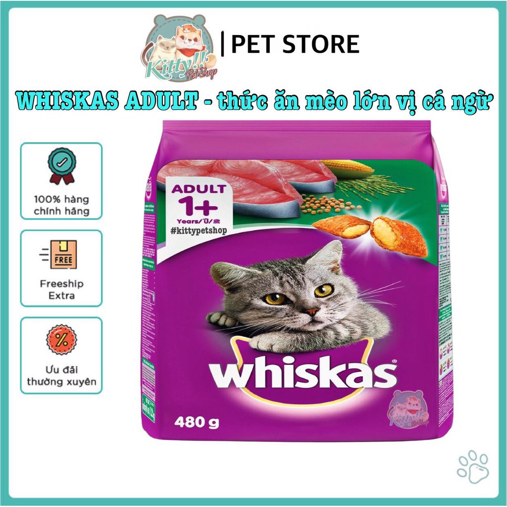 Thức ăn hạt Whiskas adult cho mèo trưởng thành, vị cá ngừ 480g