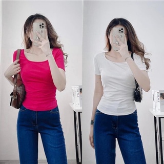 Áo thun body tay ngắn cổ U nhún eo