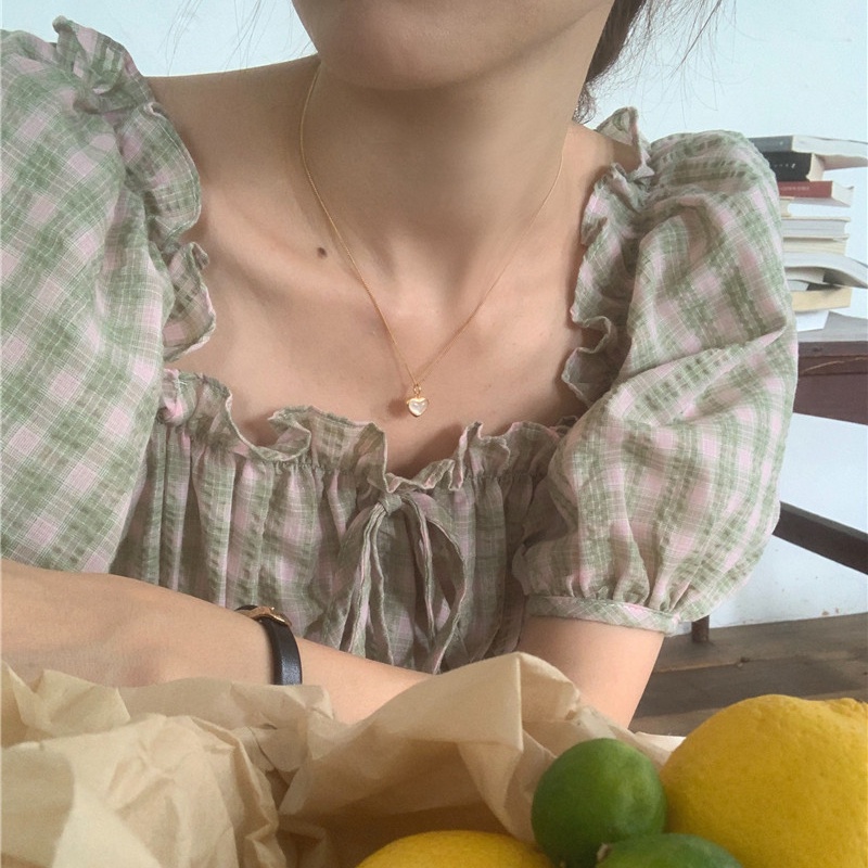 SUXI Áo Sơ Mi Tay Ngắn Dáng Ôm Kẻ Sọc Ca Rô Kiểu Vintage Hàn Quốc Dễ Phối Đồ