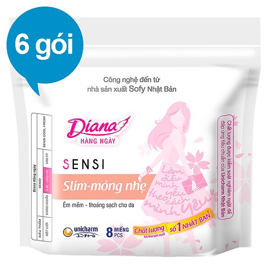 6 gói băng vệ sinh hàng ngày Diana kháng khuẩn 8 miếng