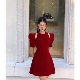 váy nhung đỏ và nhung đen tay bồng xoè ngắn chất đẹp khoét vai diện tết
