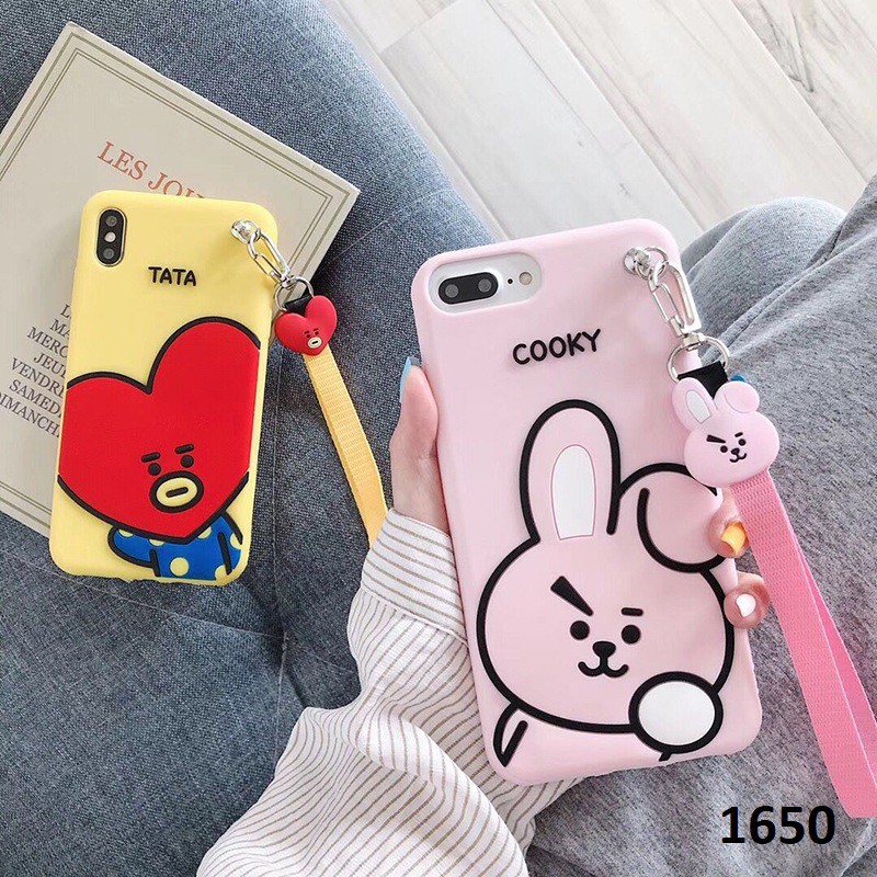 1650. Ốp điện thoại silicon BT21 line kèm strap