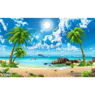 TRANH DÁN TƯỜNG 3D PHONG CẢNH BIỂN ĐẸP 532NT  -  TRANH DÁN TƯỜNG BÃI BIỂN BỜ CÁT