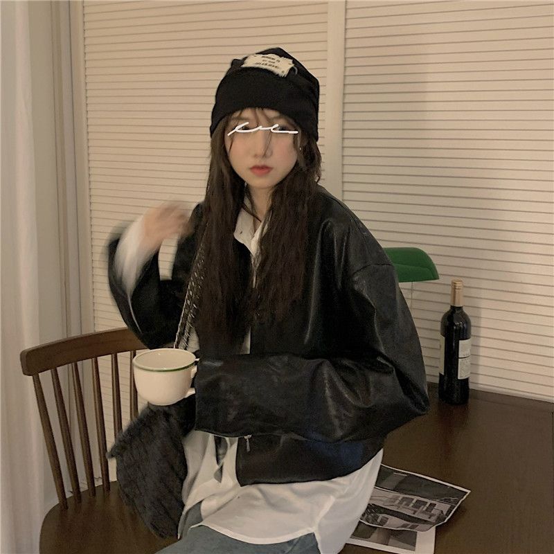 Áo Khoác Da Dáng Ngắn Rộng Cổ Chữ V Thời Trang Vintage 2022 Dành Cho Nữ