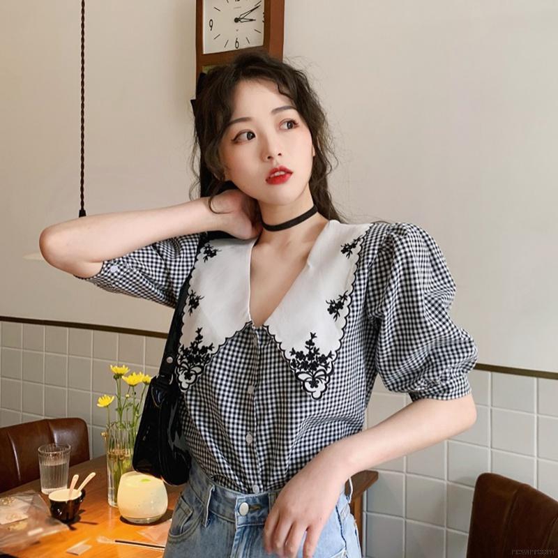 Lapel floral bubble sleeve design niche embroidered shirt red | BigBuy360 - bigbuy360.vn