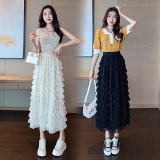 Chân váy midi chân váy tầng xếp li dáng dài tiểu thư xẻ tà có bigsize