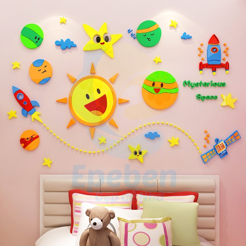 Tranh dán tường mica 3d decor khổ lớn bầu trời và các hành tinh trang trí mầm non, phòng cho bé Nhiều Size - EPeBen