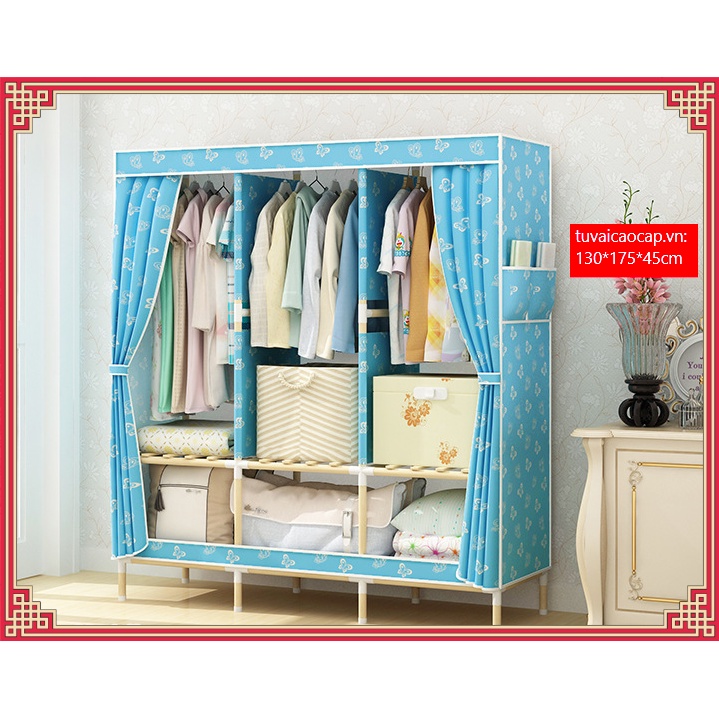 Tủ vải KHUNG GỖ 3 BUỒNG nhiều họa tiết 1m3