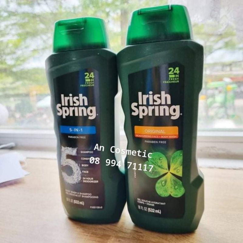 Sữa tắm gội nam Irish Spring 5 in 1 / Sữa tắm Mỹ đa năng gội xả rửa mặt cho nam