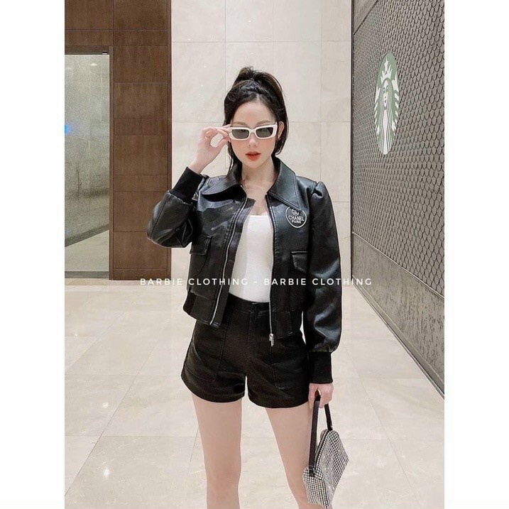 Áo da nữ, áo khoác da dáng rộng thêu chữ trước và sau lưng siêu xinh siêu hót