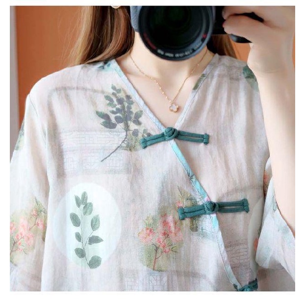 Áo Sơ Mi Cổ V Dáng Rộng In Họa Tiết Dân Tộc Độc Đáo Thời Trang Retro Cho Nữ