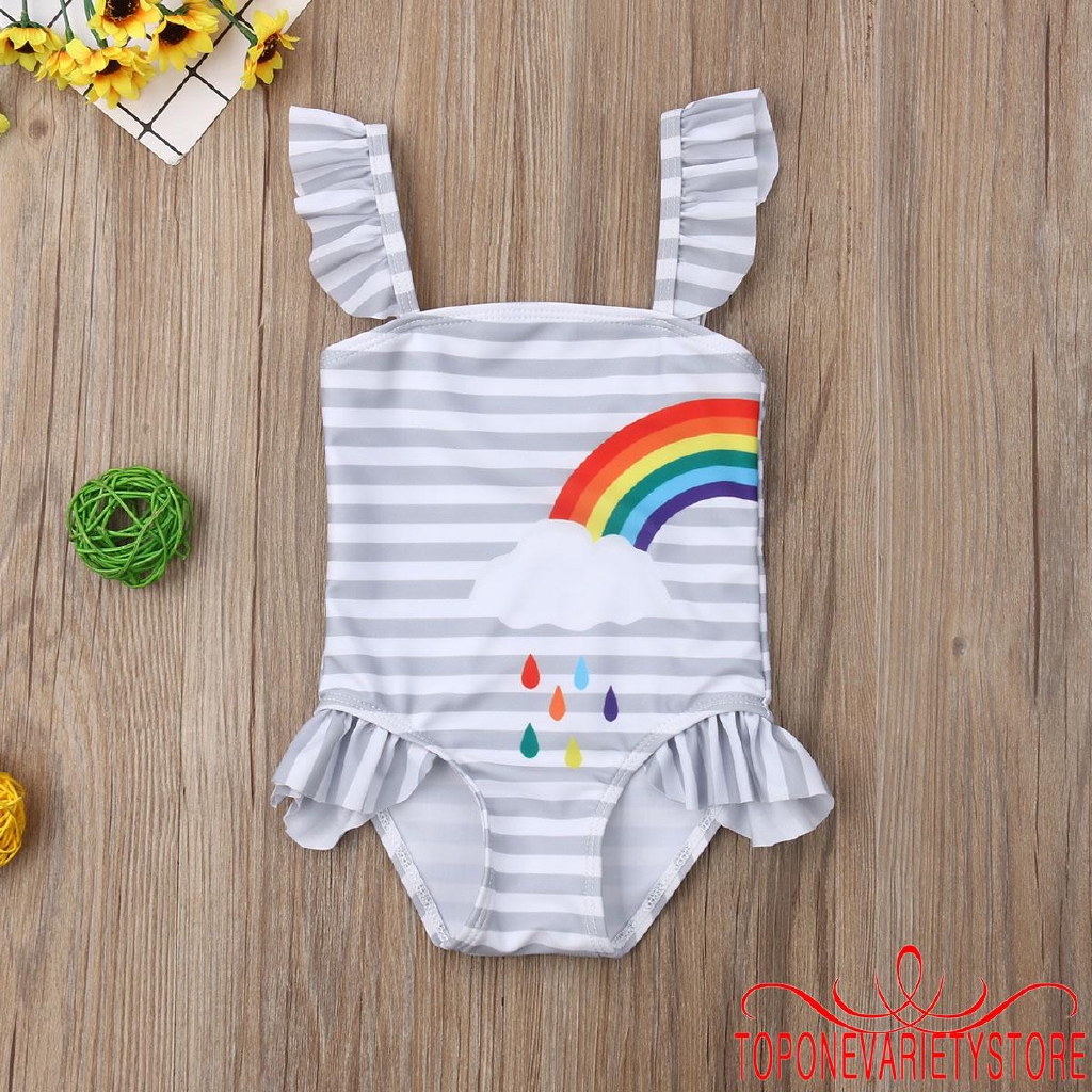 Bộ bikini liền thân họa tiết sọc ngang màu sắc cầu vồng dành cho bé