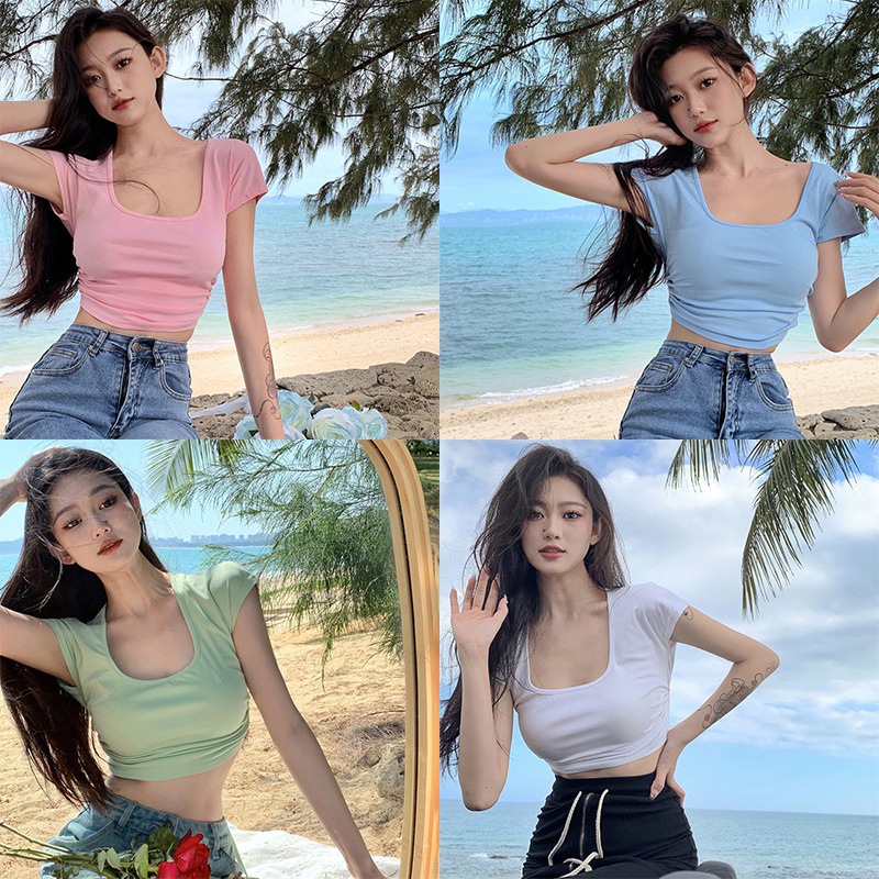 Áo Thun Crop Top Cổ Vuông Tay Ngắn Cột Dây Màu Sắc Trơn Phong Cách Hàn Quốc Dành Cho Nữ